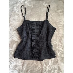 Vintage Y2K BCBGMAXAZRIA XS Black Feather Cami Pleated Ruffle Silk Blend Top